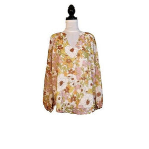BTFBM Floral Blouse Large Tan Pink V Neck Long Sleeve Boho NWT Spring Fashion